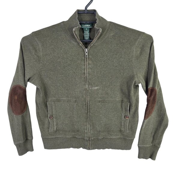 Womens Lauren Ralph Lauren Green Full-Zip Cotton Jacket Suede Elbow Patches S - Picture 1 of 8